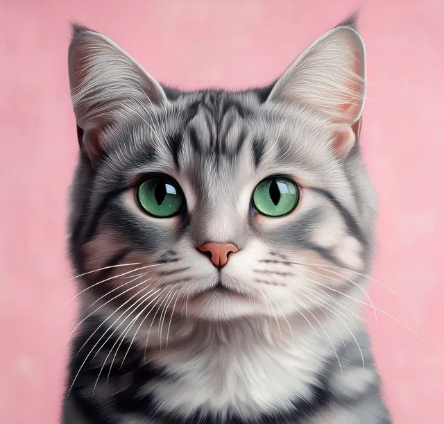 Silver tabby cat portrait with bright green eyes against a pink studio background