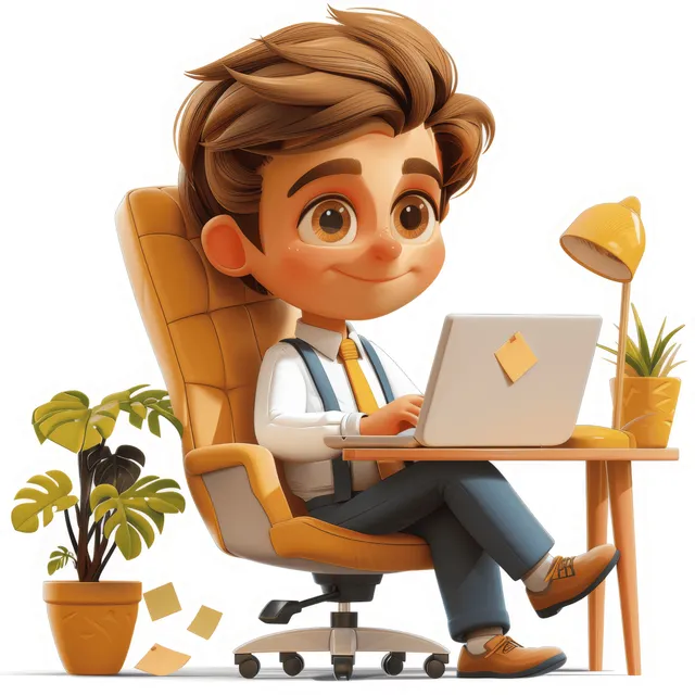 3D cartoon businessman sitting at a desk, typing on a laptop with cheerful office items around him.