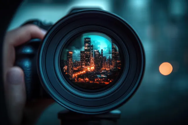 A close-up camera lens reflects a neon city skyline while teal light illuminates the scene.