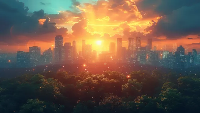 A futuristic city skyline at sunset with solar rooftops, glowing data network lines, and green overlays above trees.