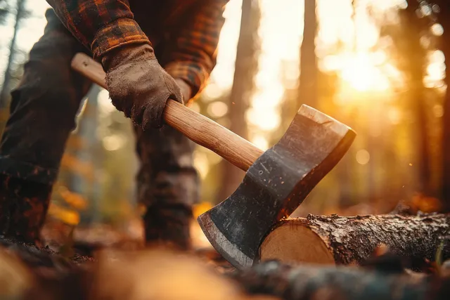 A lumberjack’s hands swing an axe into a tree stump in a golden hour forest with warm sunlight.