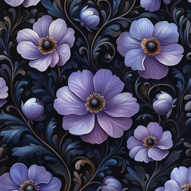 Padrão Art Nouveau contínuo de flores lilás e folhas curvas sobre um fundo preto profundo.