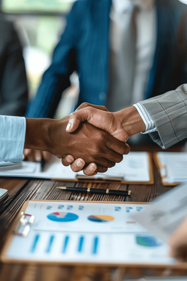 Two businesspeople shake hands over documents and charts in a bright office meeting