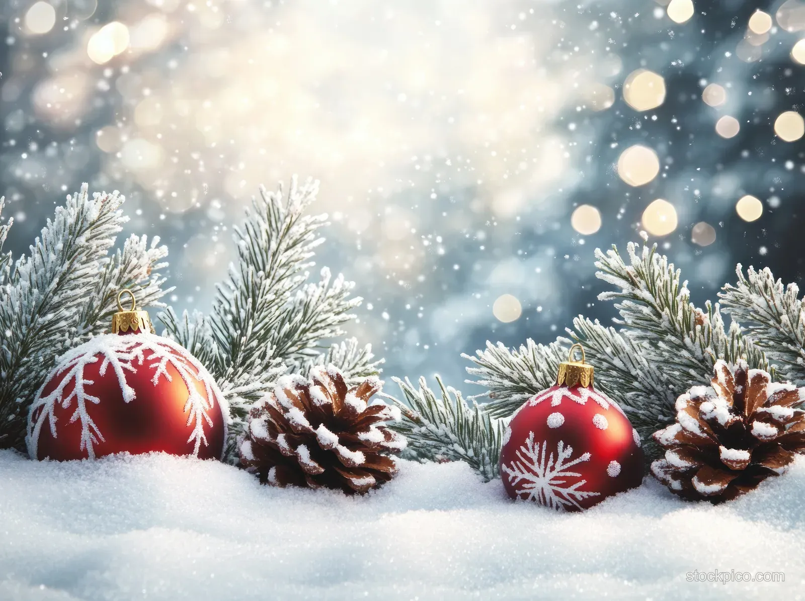 Snowy pine branches hold red Christmas ornaments while white snowflakes float in a winter landscape.