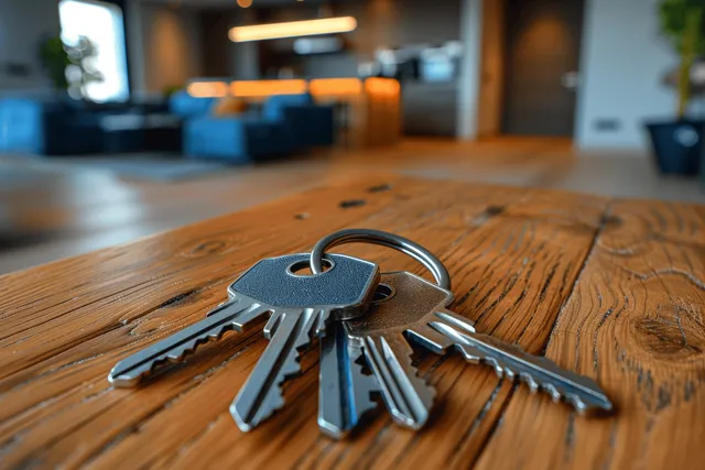 Apartment keys resting on wooden table with modern living room blurred behind with Shallow Depth Of Field