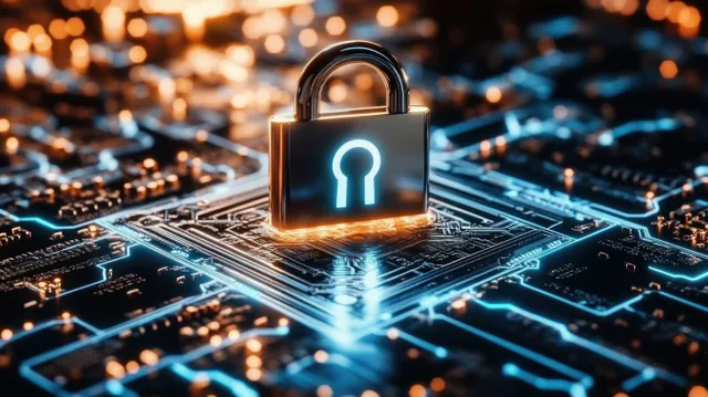 A glowing padlock icon rests on a futuristic circuit board with blue and orange illuminated data paths.