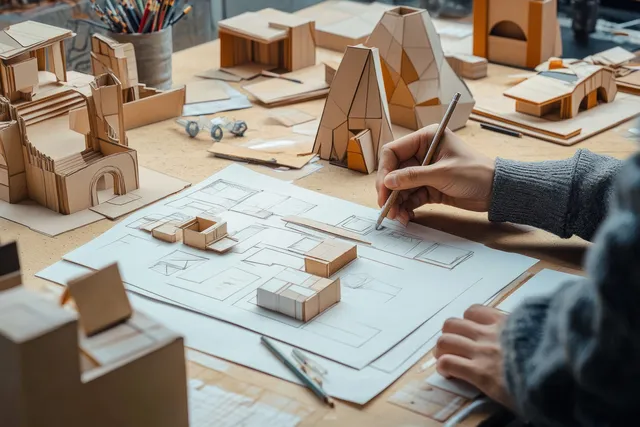 A person sketches architectural plans on paper while cardboard building models and drawing tools cover the desk.