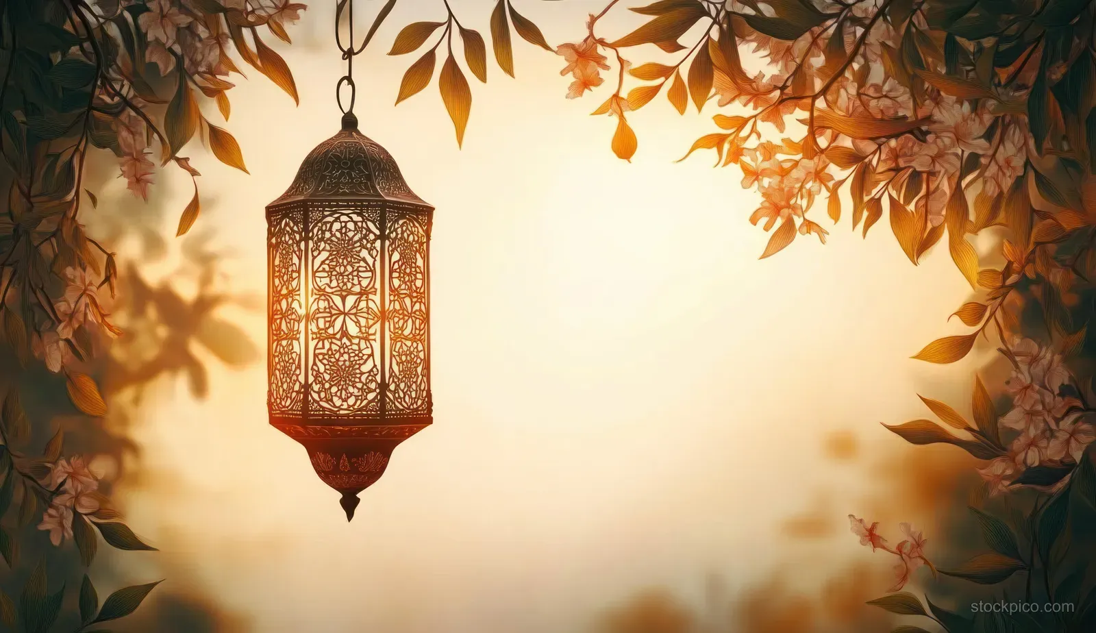 An ornate lantern glowing under autumn leaves, surrounded by delicate flowering branches in warm golden light.