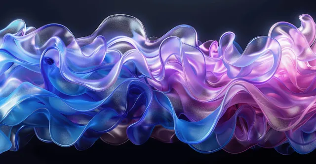 Abstract 3D ribbon waves in transparent blue and purple glass glow across a dark black background.