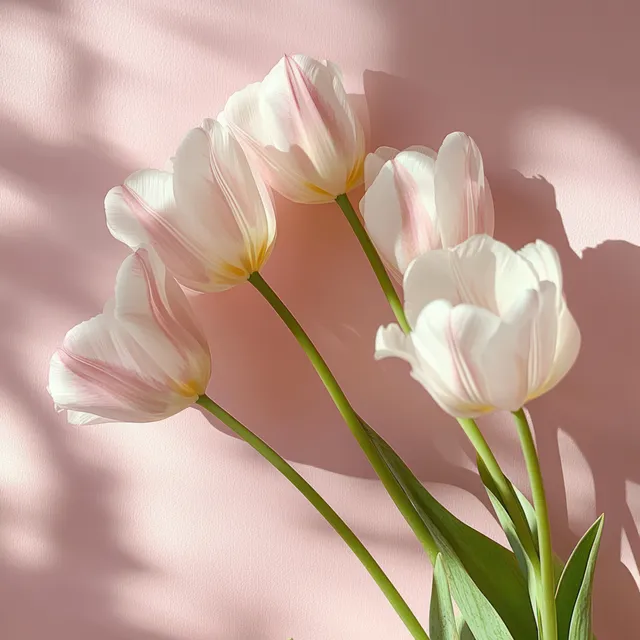Five pale tulips leaning against a soft pink background with gentle shadow