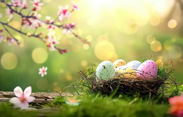 Speckled eggs in a twig nest on green moss with pink blossoms and warm sunlit bokeh in the background.