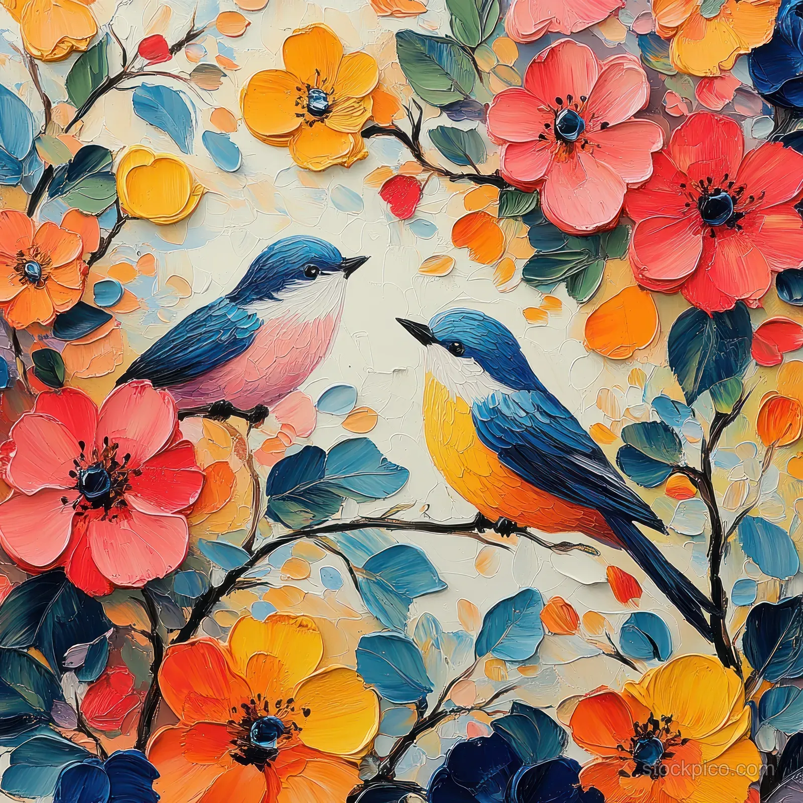 Two blue birds perch on branches surrounded by layered orange, pink, and yellow flowers in a folk painted pattern.
