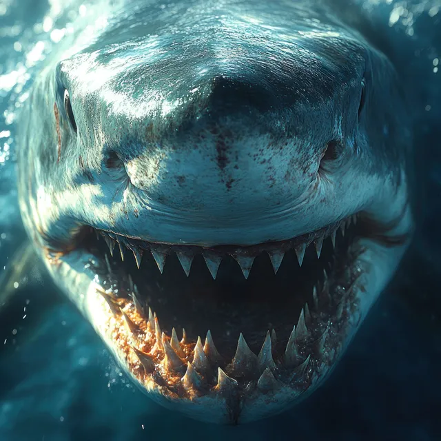 Close-up great white shark portrait with open jaws and jagged teeth underwater