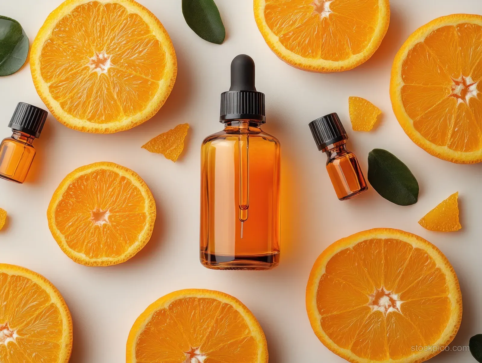 Vitamin C dropper serum bottle with orange slices and green leaves on a white background.