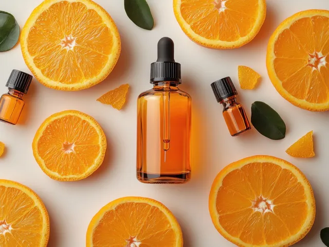 Vitamin C dropper bottle with orange slices on clean white background flat lay