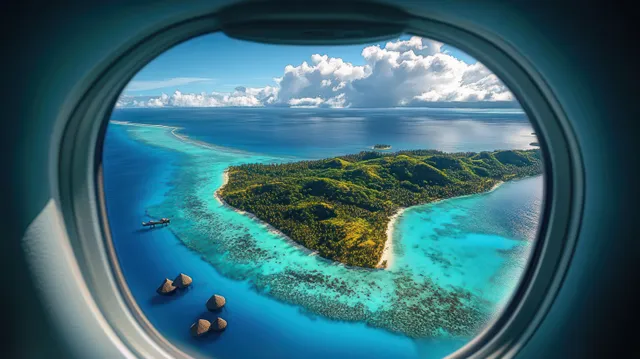 Aerial view of a lush green island encircled by turquoise reefs and deep blue ocean, seen through an airplane window.