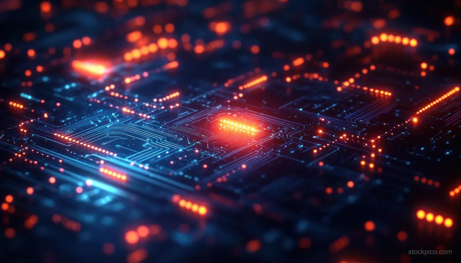 Glowing digital network circuitry with bright data paths running across a dark server grid.