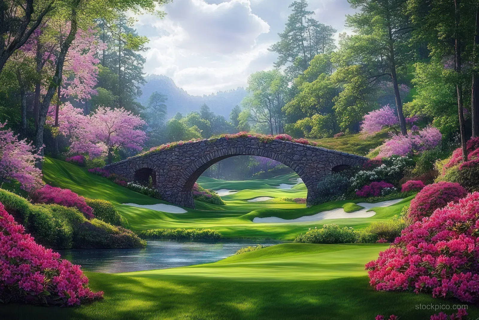 Stone bridge crosses a small river in a lush garden with pink flowering shrubs and green trees under cloudy light.