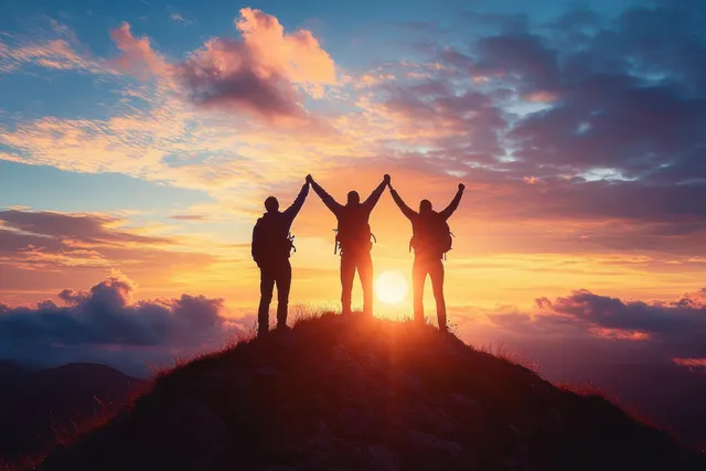 Three hikers in silhouette stand on a mountain peak with raised hands during a colorful sunset.
