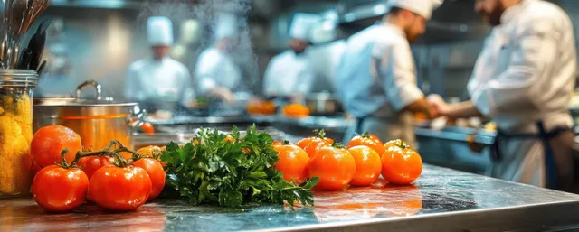 Ripe tomatoes and parsley on a stainless steel counter with chefs working blurred in the background of a busy kitchen.