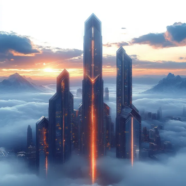 Futuristic skyscrapers with orange lights emerge above thick clouds at sunrise, with mountains and blue sky in the distance.