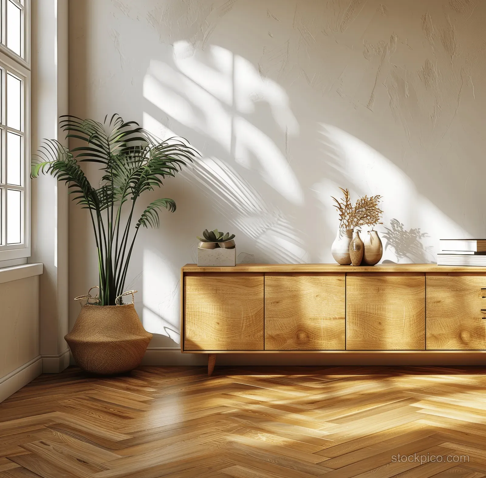 Sunlit coastal bedroom interior with a wooden sideboard against a light wall, parquet floor, and potted plants.