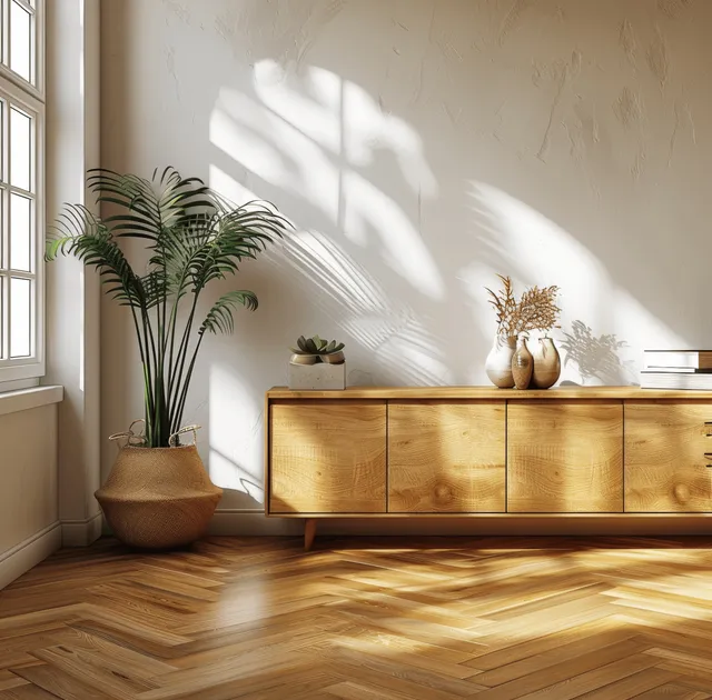 Sunlit coastal bedroom interior with a wooden sideboard against a light wall, parquet floor, and potted plants.