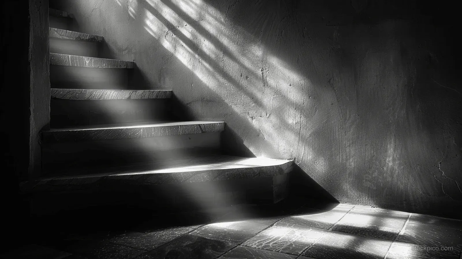 A dark staircase in a room where window light casts long diagonal shadows on stone steps.