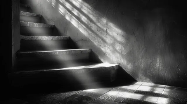 A dark staircase in a room where window light casts long diagonal shadows on stone steps.