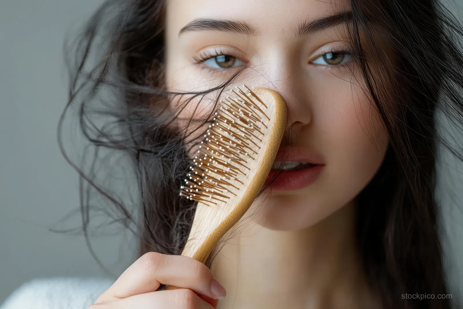 Young woman holding a wooden hairbrush while inspecting tangled hair with a worried expression.