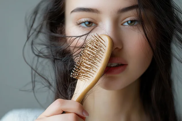 Young woman holding a wooden hairbrush while inspecting tangled hair with a worried expression.