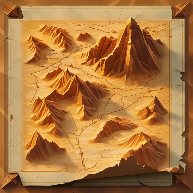 Vintage illustration of mountains on aged paper with winding trails, peaks, valleys, and settlement dots.