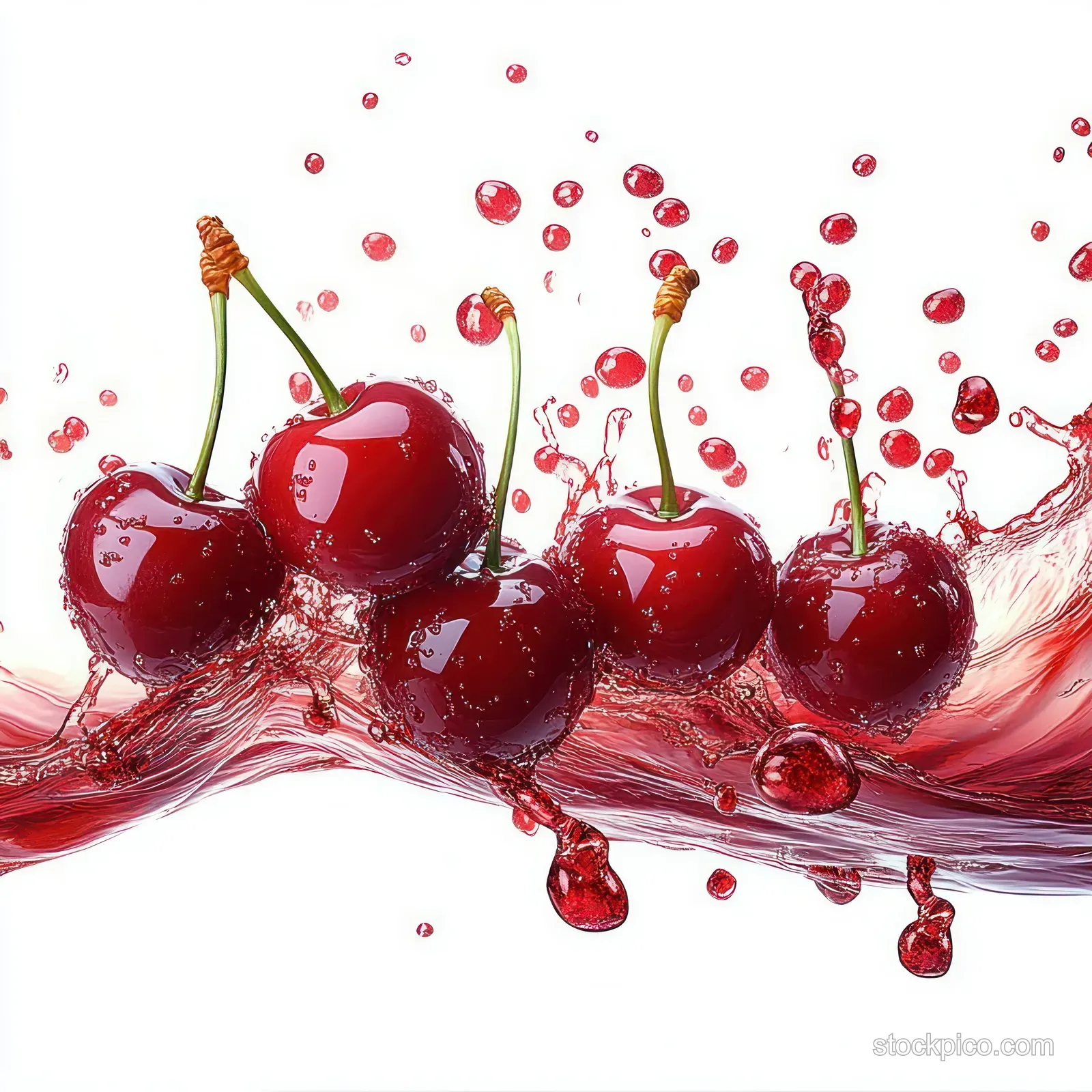 Fresh cherries burst with red juice splashing and droplets floating above them on a white background.