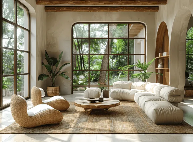 Sunlit modern living room with a white curved sofa, rattan chairs, wooden coffee table, and large arched windows.