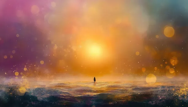 Silhouette of a lone figure standing on shimmering water beneath a warm glowing sun and colorful mist.