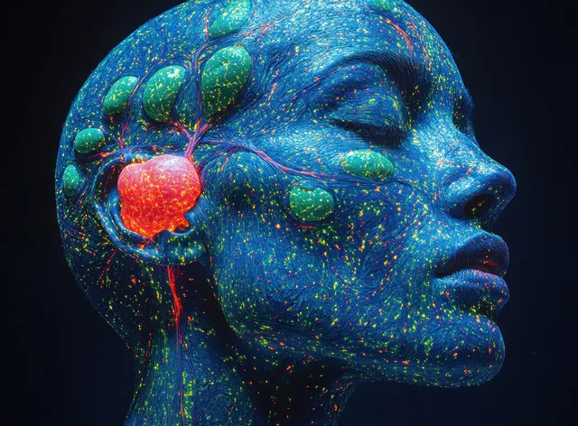 Medical illustration of an inflamed lymph node with red glow and immune response elements on a dark background.