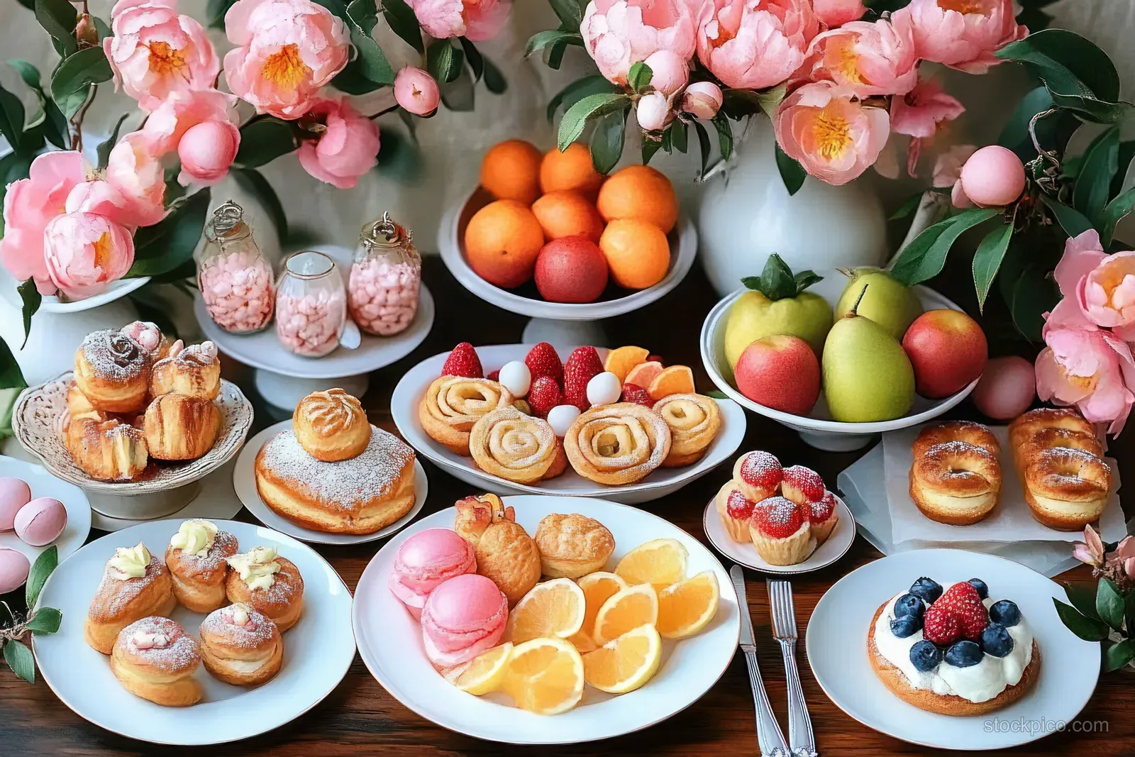 Assorted pastries and macarons arranged on plates with sliced fruit and pink flower decorations around the table.
