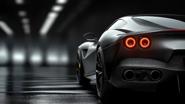 Rear view of a black sports car with glowing red circular tail lights in a dim tunnel reflecting on wet pavement.