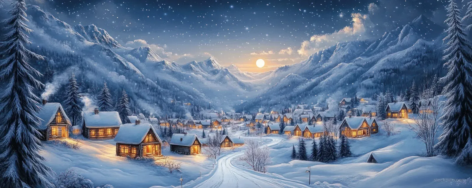 Snowy alpine village at night with warmly lit cottages under a full moon and starry sky.