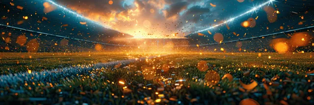 Golden confetti rains over illuminated soccer stadium field at dusk, cheering crowd below