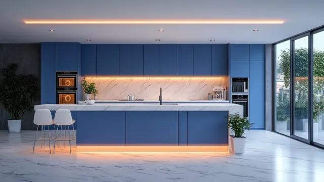 Blue cabinet kitchen interior with marble counters, warm LED lighting, and pendant stools near tall windows.