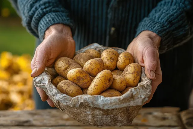 Hands carry a bowl of freshly harvested dirty potatoes over a rustic wooden table.