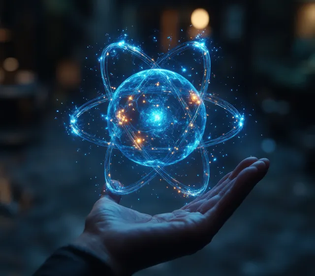 Gloved hand cradles a glowing blue atomic structure with orbiting particle paths against a dark bokeh background.