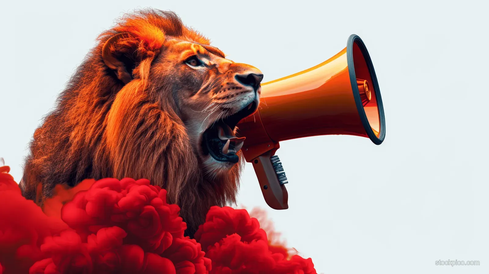 A roaring lion in suit-like styling speaks through an orange megaphone against a colorful background.