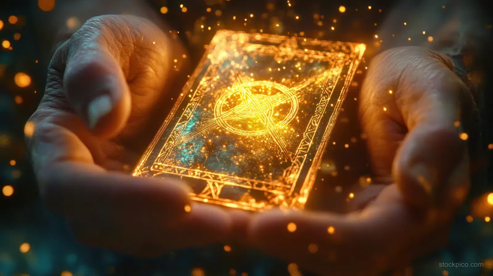 Cupped hands hold an ornate glowing magic card as golden sparks and light particles surround it.
