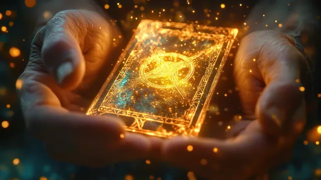 Cupped hands hold an ornate glowing magic card as golden sparks and light particles surround it.