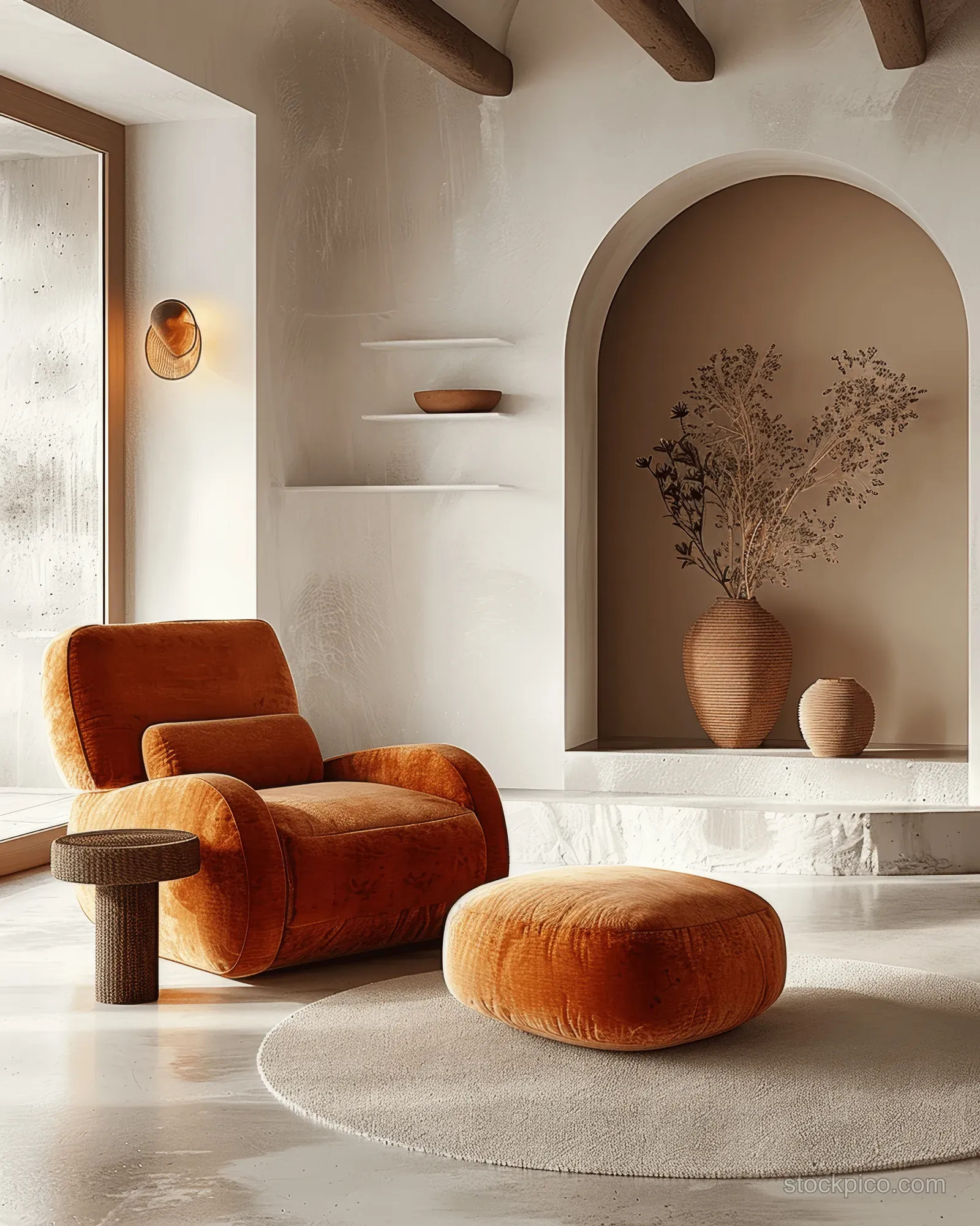 An orange armchair and round ottoman sit in a minimalist living room with terracotta vases, white walls, and soft lighting.