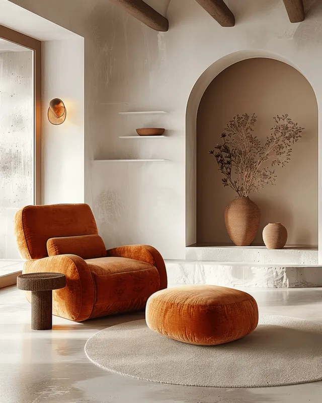 An orange armchair and round ottoman sit in a minimalist living room with terracotta vases, white walls, and soft lighting.