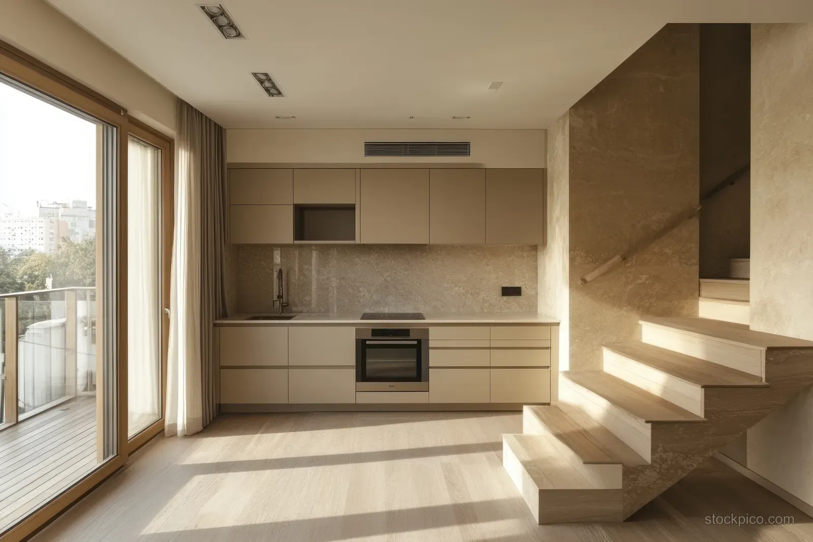 Warm-lit minimalist kitchen interior with an empty wall, countertop cabinets, and a wood floor in a 3D render.