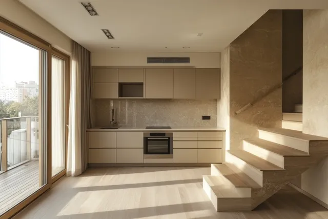 Warm-lit minimalist kitchen interior with an empty wall, countertop cabinets, and a wood floor in a 3D render.